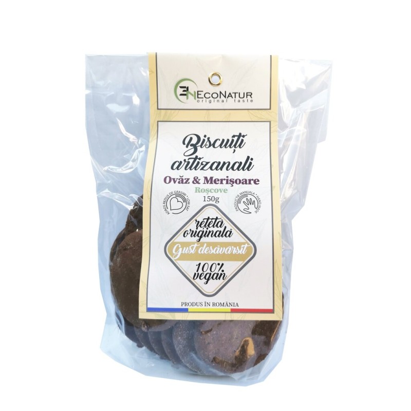 Biscuiţi artizanali cu ovăz, roşcove şi merişoare 150g Econatur Biscuiţi artizanali cu ovăz, roşcove şi merişoare 150g Econatur